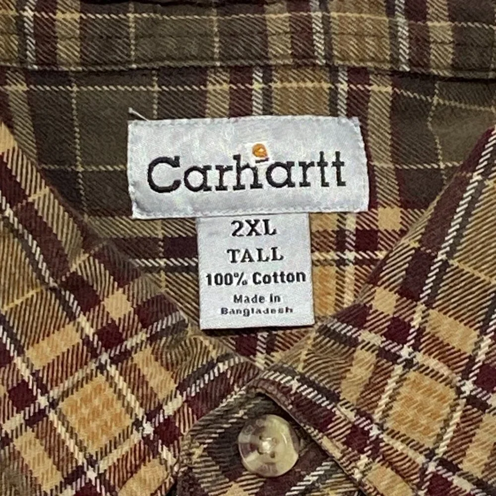Carhartt Plaid Flannel Shirt 2XLT Brown Rust Long Sleeve Brushed Cotton Workwear - Picture 9 of 14